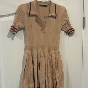 Tan Collared Dress with Burgundy Stripes